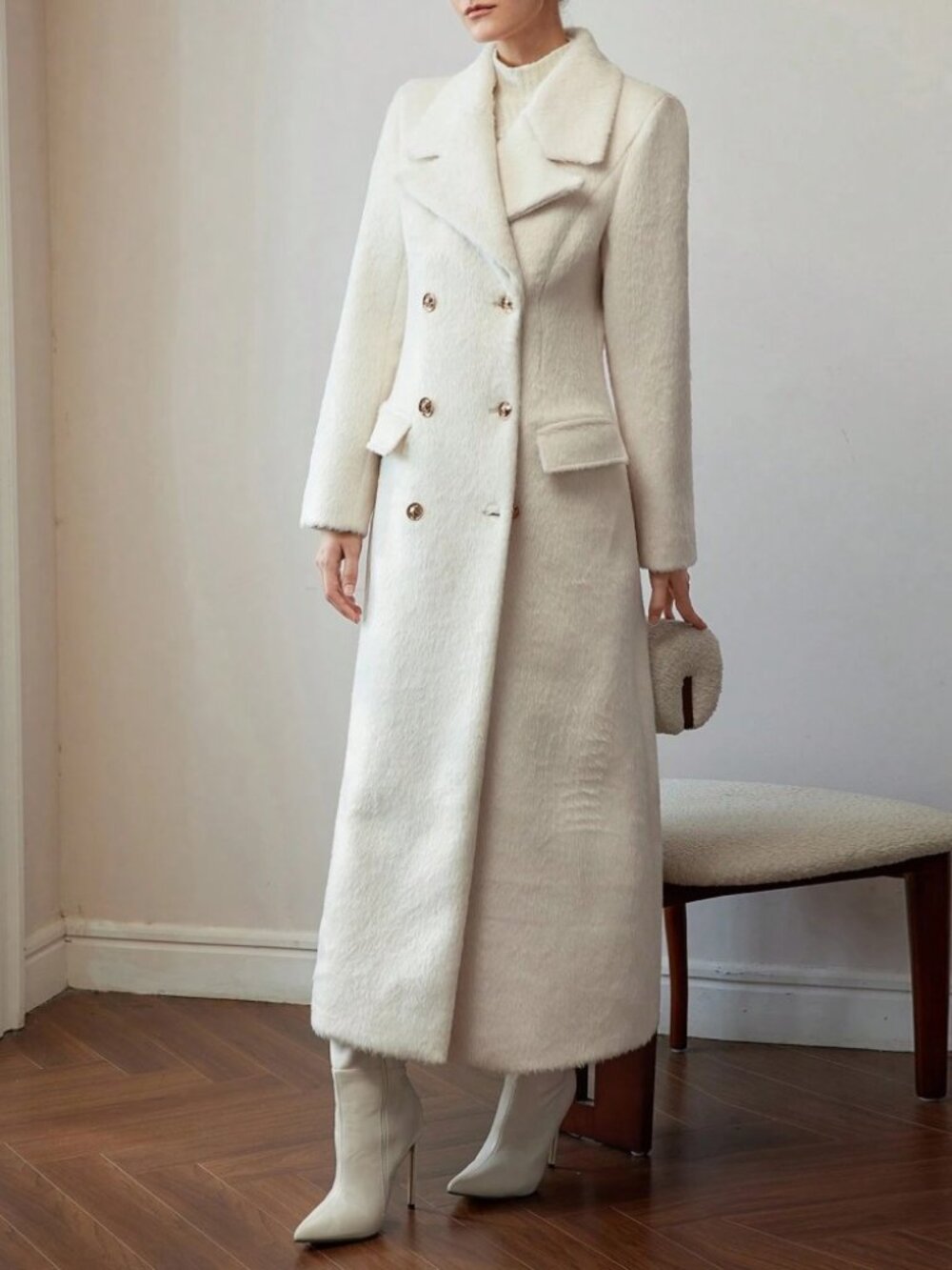 Cream Brushed Teddy Double-Breasted Maxi Coat
